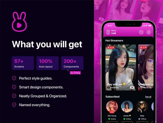 Bunny – Idol Video Streaming App UI Kit 57+屏双配色短视频流媒体社交直播APP用户界面设计Figma模板套件