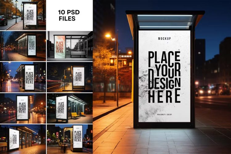 Bus Stop Poster Mockup Generated with AI 10款候车亭车站灯箱广告海报设计贴图ps样机素材场景展示效果图