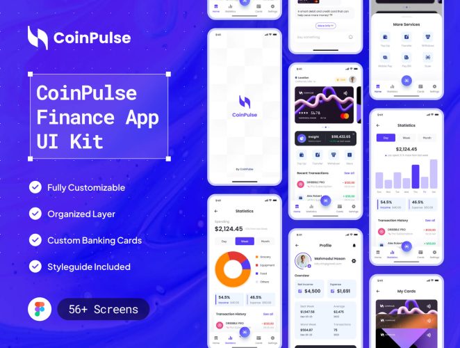 CoinPulse – Finance App UI Kit  56+屏金融科技银行理财货币兑换APP用户界面设计Figma模板套件