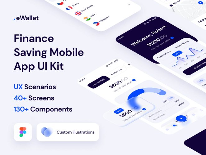eWallet Finance Saving Mobile App UI Kit  40+屏现代简约金融银行理财电子钱包APP应用程序界面设计Figma模板套件