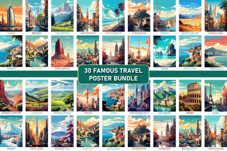 Famous Travel Places Poster Bundle 高清著名世界景观海报旅行足迹墙装饰拼贴画美学复古艺术设计素材