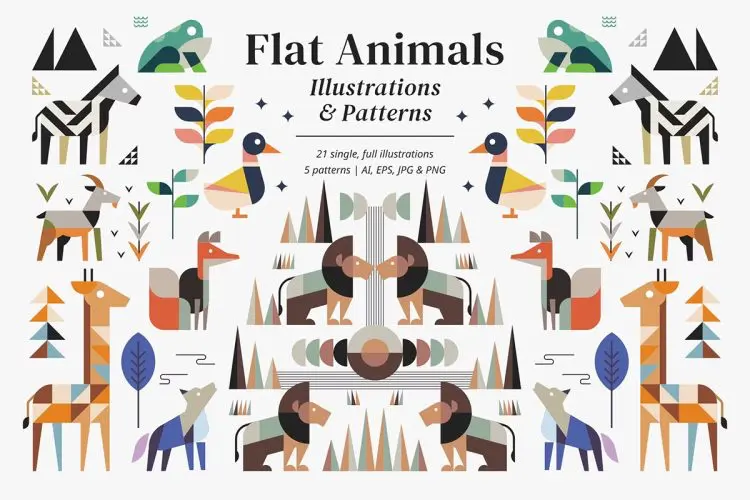 Flat Animals 北欧极简扁平化抽象艺术自然动物插画装饰图案设计ai矢量设计素材
