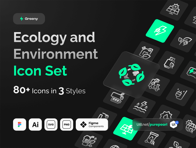 Greeny – Ecology and Environment Icon Set 绿色环保生态新能源低碳太阳能可再生节能icon线性图标矢量素材