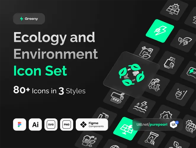 Greeny – Ecology and Environment Icon Set 绿色环保生态新能源低碳太阳能可再生节能icon线性图标矢量素材