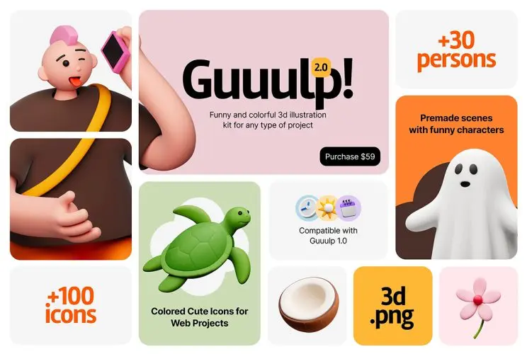 Guuulp 2.0 Illustration Constructor 140款3D卡通潮流人物美食自然运动时尚插图插画webp免抠图片素材