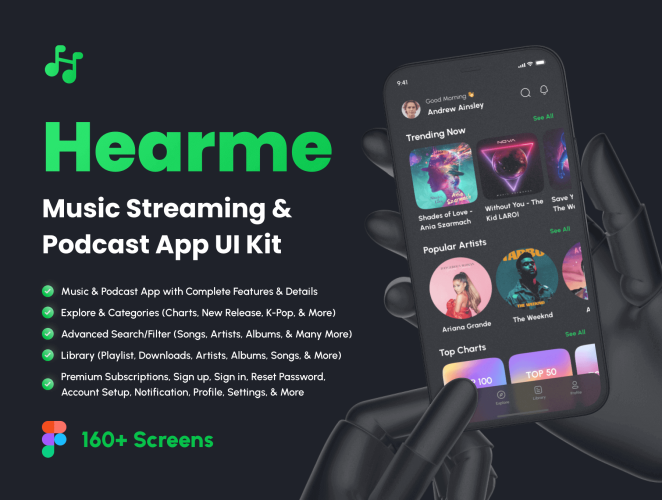 Hearme – Music Streaming & Podcast App UI Kit  160屏移动音乐流媒体播客主播社交app界面设计明暗ui套件模板