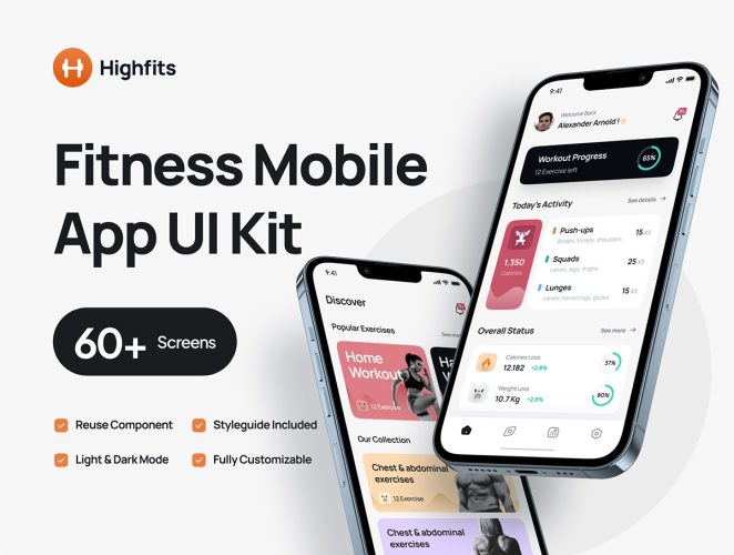 Highfits – Fitness Mobile App UI Kit 双配色运动健身塑形训练数据监测App用户ui界面设计fig套件模板