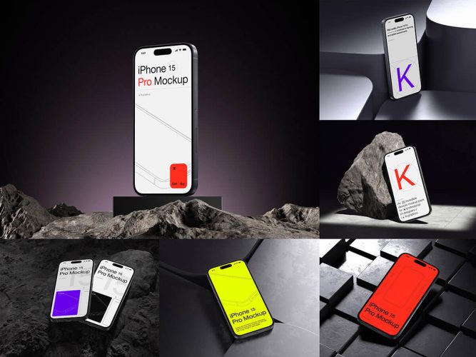 K-Mockups iPhone 15 Pro  16款金属水泥工业风iPhone手机ui设计作品贴图ps样机展示效果图