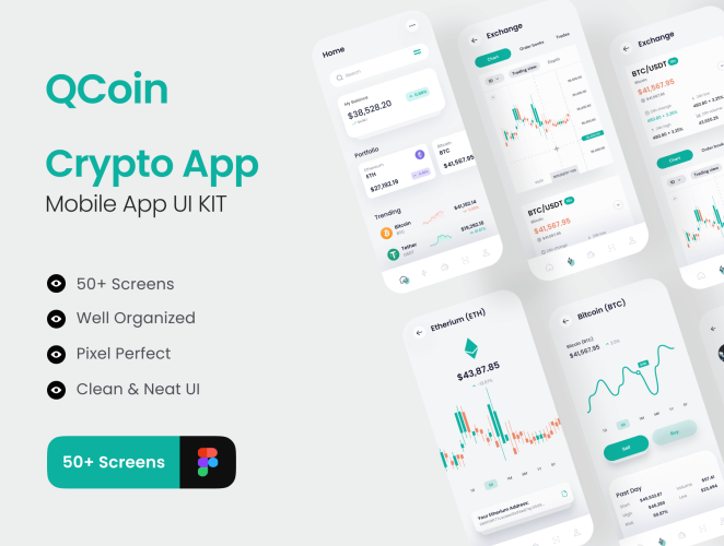 Qcoin – Crypto Wallet App UI KIT  50+屏现代简约财务管理金融理财加密钱包APP用户界面设计Figma模板套件