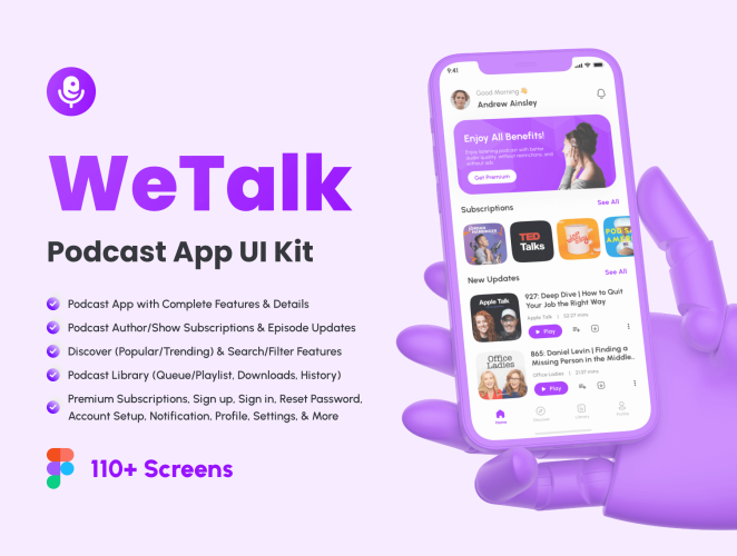 WeTalk – Podcast App UI Kit  110+屏双配色音乐博客社交APP用户界面设计Figma模板套件