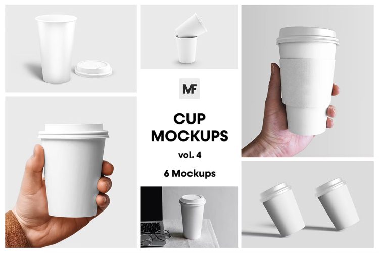 Cup Mockups – Packaging Mockups vol.4  6款手持一次性咖啡杯陶瓷马克杯模型杯身logo标识设计贴图ps包装样机素材