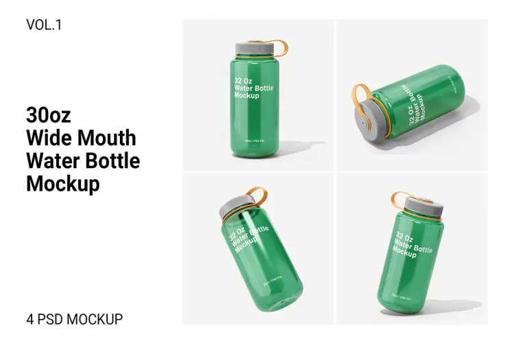 32oz Wide Mouth Water Bottle Mockup Vol.1 透明广口塑料水杯设计PS展示贴图效果图样机模板素材