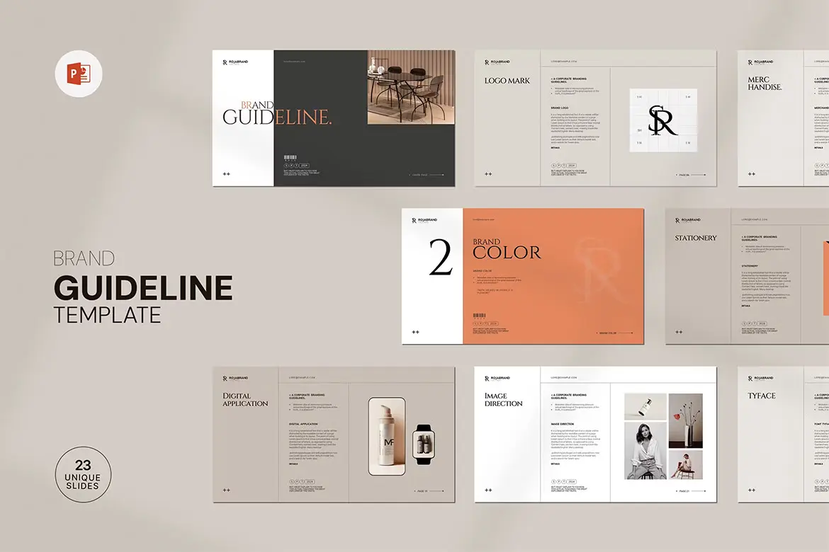 Brand Guideline Presentation Template 23页简约时尚莫兰迪色品牌形象VI配色规范指导手册培训ppt模板