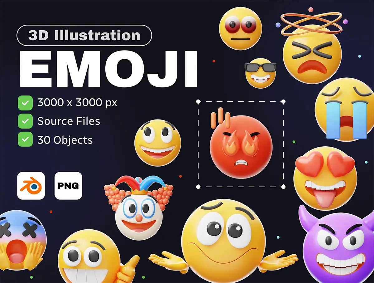 3D Emoji Collection 30个可爱趣味Emoji表情3D图标icon设计素材webp免抠图片