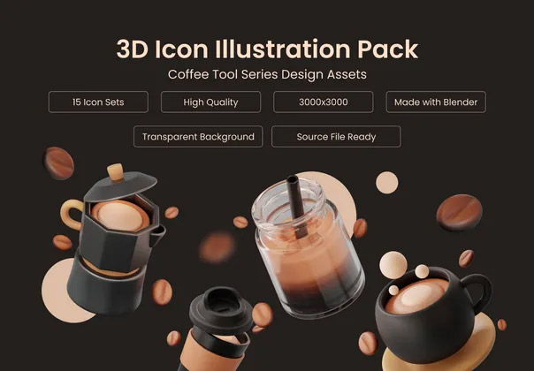 3D Icon Illustration Coffee Series  15款咖啡专卖店营销展示3D图标icon设计素材png免抠图片