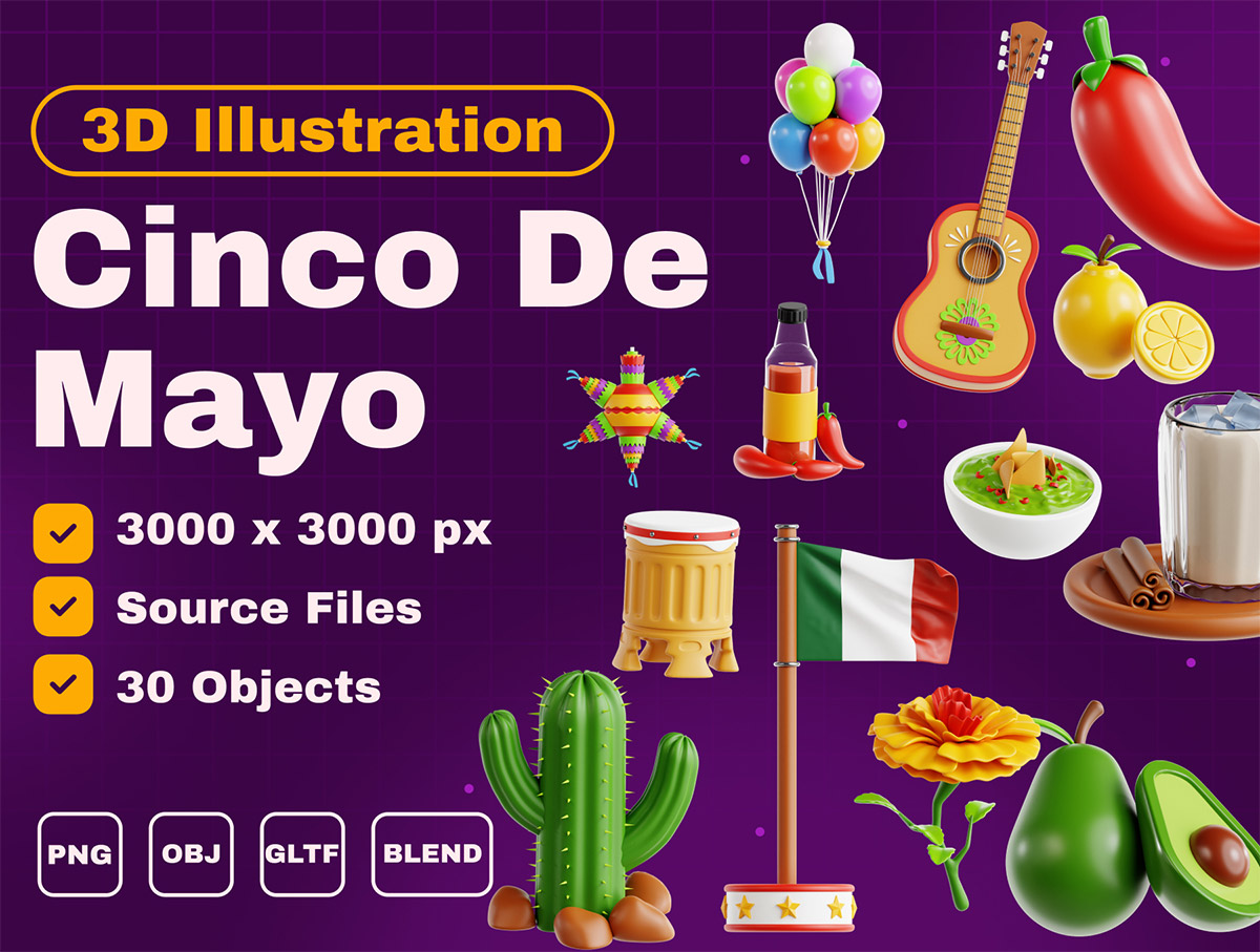 Cinco de Mayo 3D Icon Set  30款3D卡通墨西哥传统五月五日节趣味插图插画png免抠图片素材