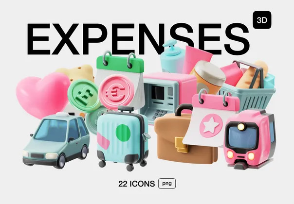 Expenses 3D Icons  22款高质量金融钱币金币3D图标icon素材png免抠图文件