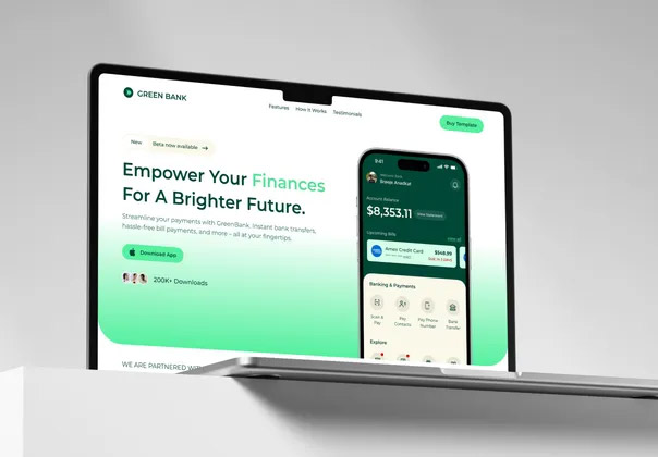 Green Bank – Framer Template  绿色金融科技iOS移动应用app界面设计ui套件Figma和Framer模板