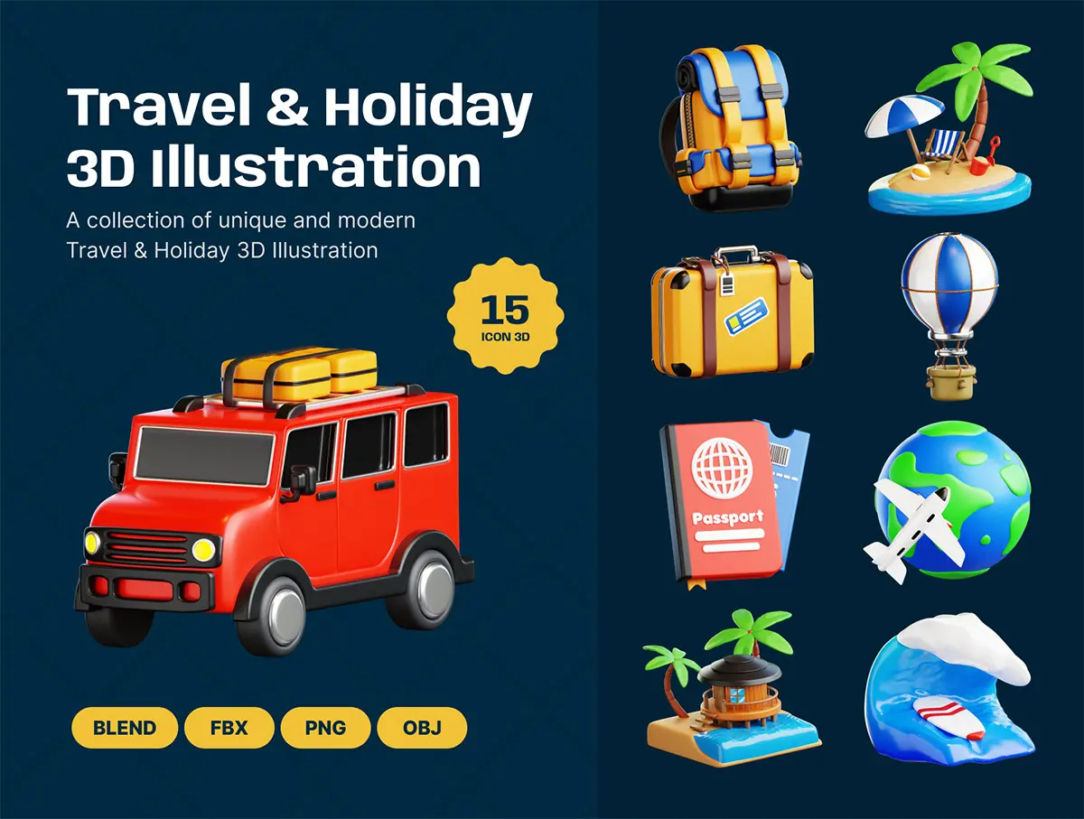 Travel And Holiday 3D Illustration  15款旅行度假旅游游玩3D图标icon设计素材webp免抠图片