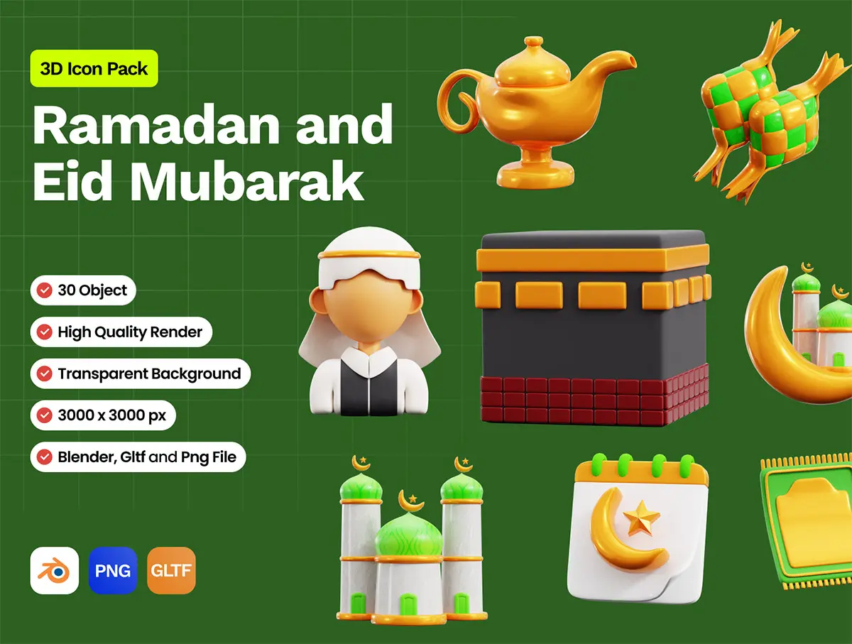 30 3D Icon Ramadan and Eid Mubarak  30款西域穆斯林斋月印度阿拉丁3D立体卡通webp免抠图片插图插画素材