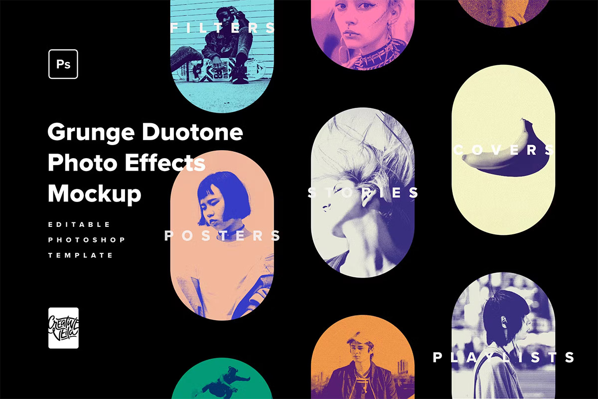Grunge Duotone Photo Effects Pack  15种复古怀旧双色调朋克艺术半调ps特效样机素材