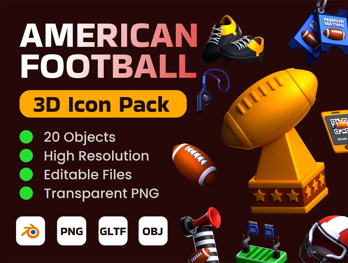 American Football 3D Icon Pack  20款美式足球橄榄球运动元素3D图标icon设计素材webp免抠图片