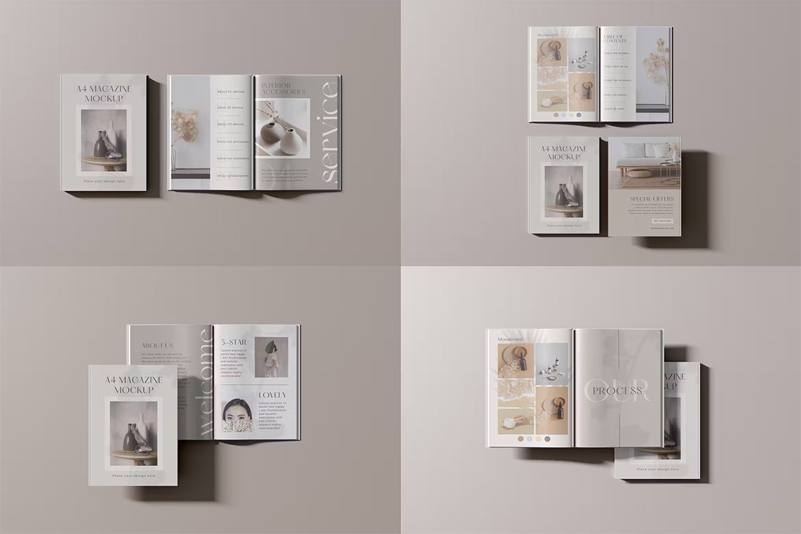 A4 Magazine Mockup – Top View  A4时尚杂志小册子模型封面内页展示设计贴图ps样机素材