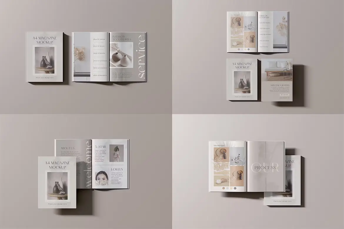 A4 Magazine Mockup – Top View  A4时尚杂志小册子模型封面内页展示设计贴图ps样机素材