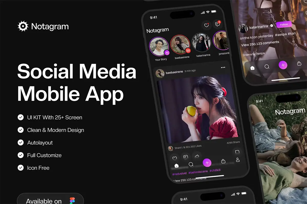 Notagram – Social Media UI KIT 25+屏暗黑流媒体短视频直播社交媒体APP用户界面设计Figma模板套件
