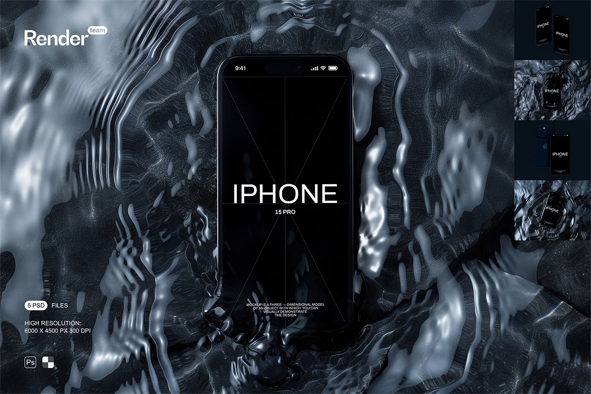 iPhone 15 Pro Mockup Set  5款科技时尚水波纹iPhone 15手机ui设计作品ps样机素材展示效果图