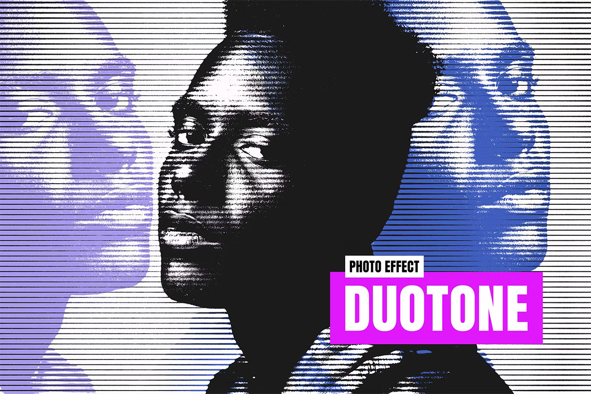 Striped Duotone Photo Effect 照片图像复古条纹双色调半调印刷ps特效样机素材模板