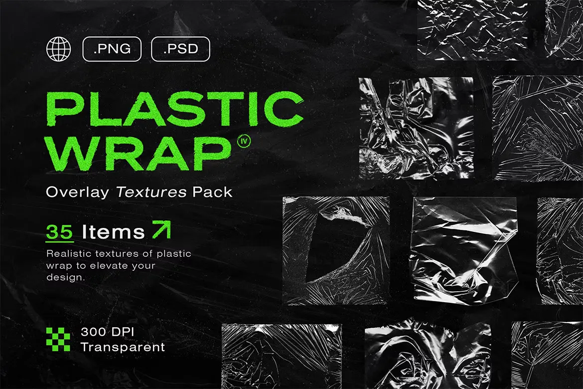 Plastic Wrap Overlay Textures Pack  35款透明复古塑料薄膜包装纸做旧褶皱肌理webp免抠背景图片素材