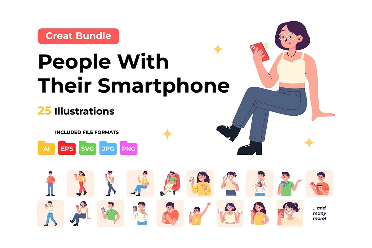 Great Bundle of People with their Smartphone 卡通人物手持手机自拍视频通话刷视频打游戏在线社交插图插画矢量设计素材