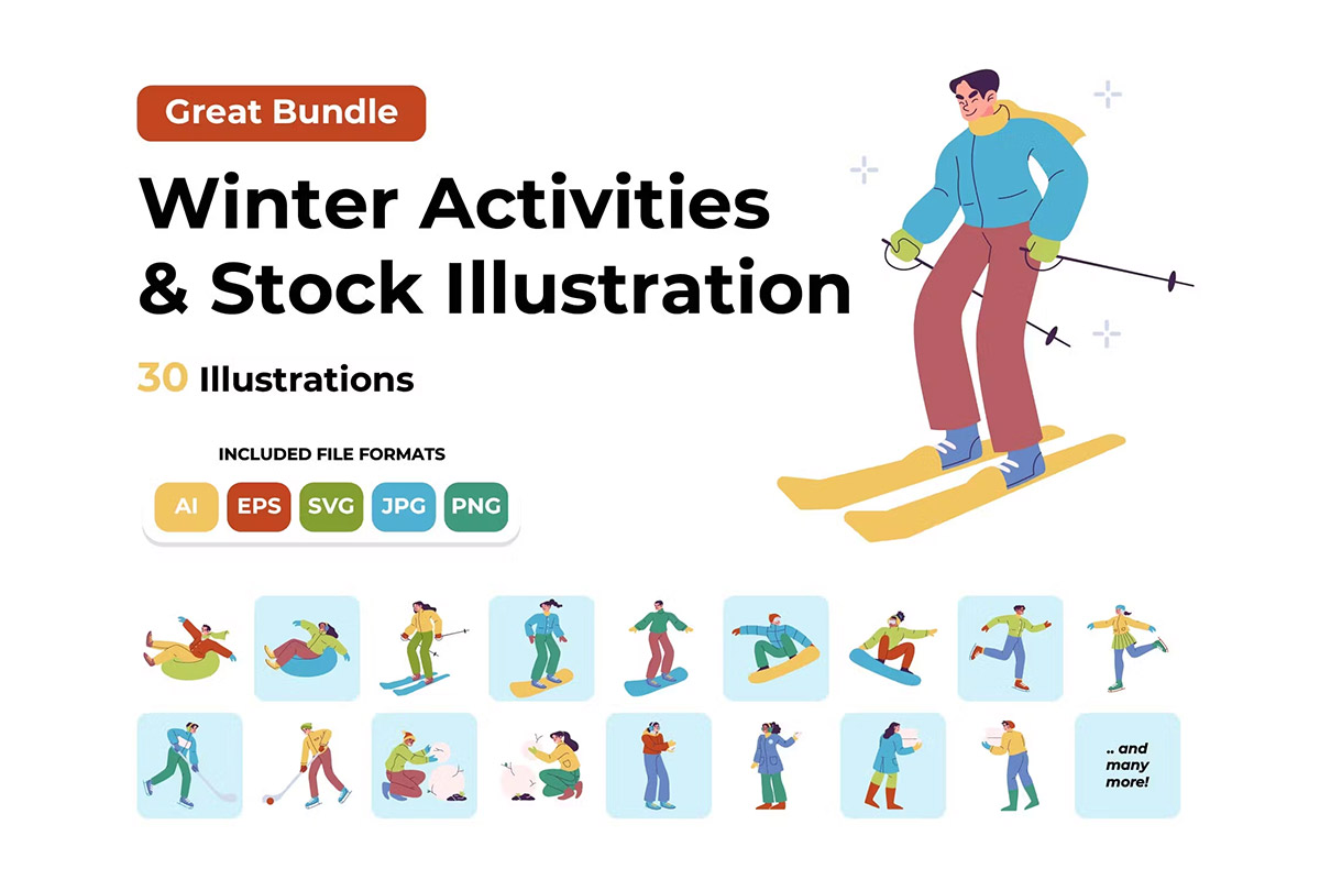 Winter Activities and Stock Illustrations Bundle 卡通人物冬季滑雪冰球推雪人玩雪插图插画矢量设计素材