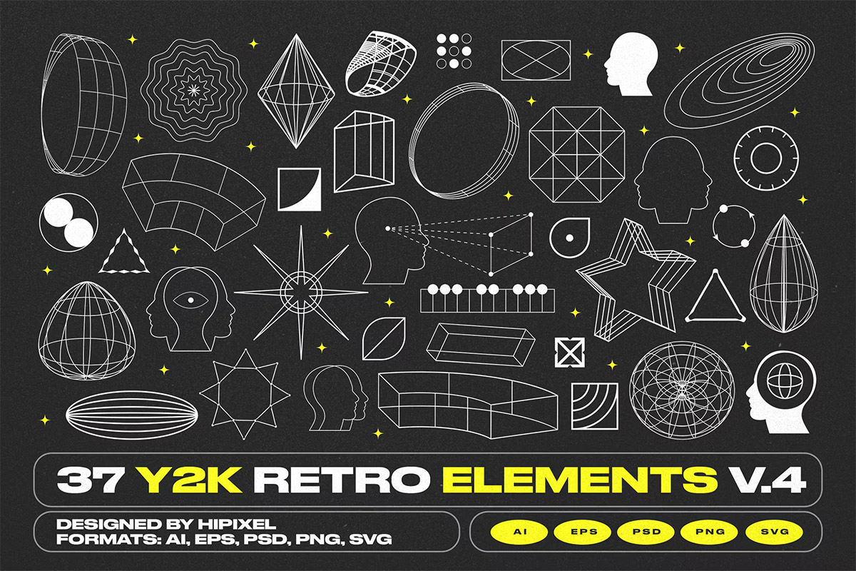 Y2K Retro Elements V.4  Y2K复古抽象酸性赛博朋克线性几何图形矢量平面设计素材
