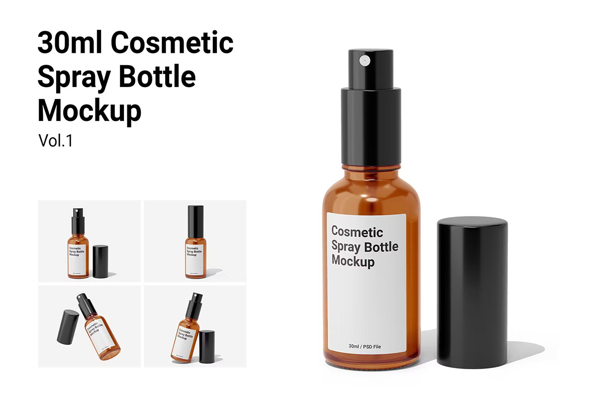 Cosmetic Spray Bottle Mockup Vol.1 化妆品按压喷雾玻璃瓶模型品牌包装设计贴图ps样机素材