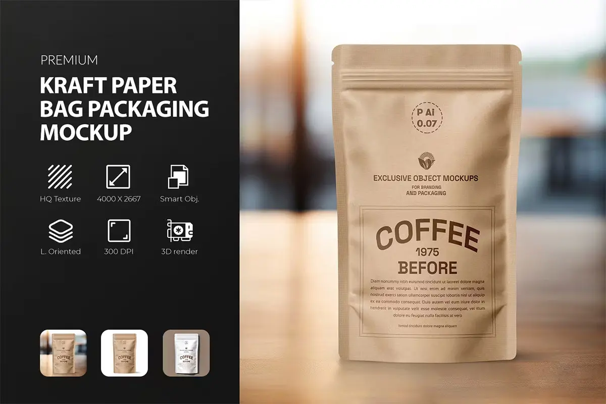 Kraft Pouch Bag Packaging Mockup 牛皮纸零食包装自立袋模型品牌logo标识设计贴图ps样机素材