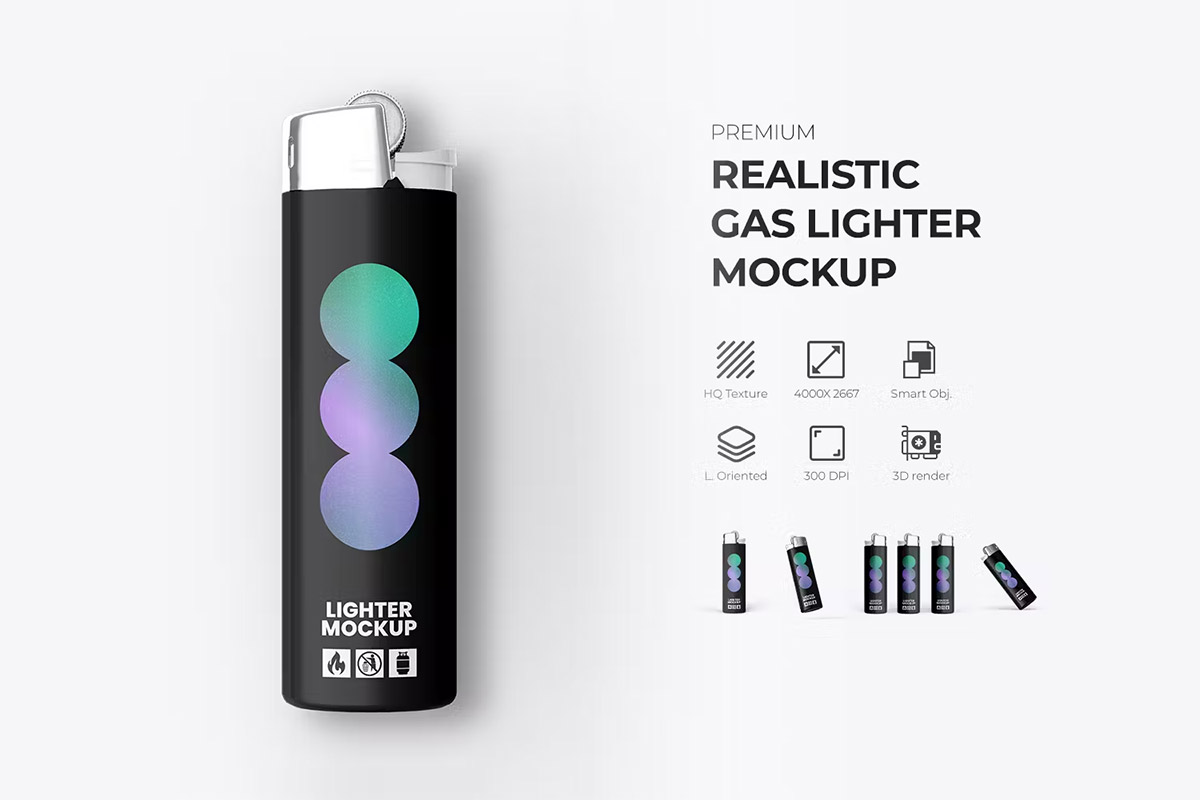 Realistic Gas Lighter Mockup 一次性气体打火机模型机身包装logo标识设计贴图ps样机素材