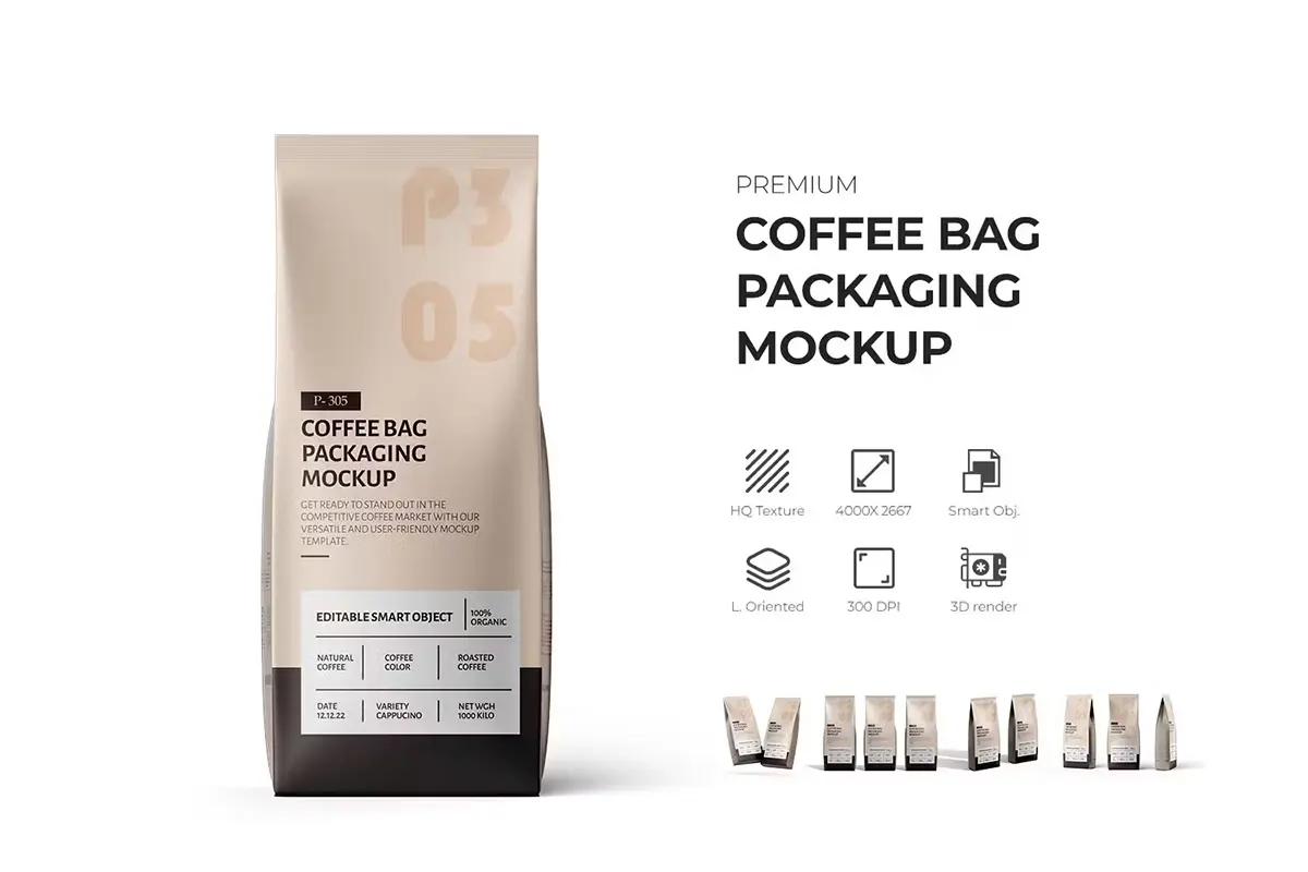 Coffee Bag Packaging Mockup 咖啡豆纸袋自立袋品牌包装设计作品贴图ps样机素材展示效果模板