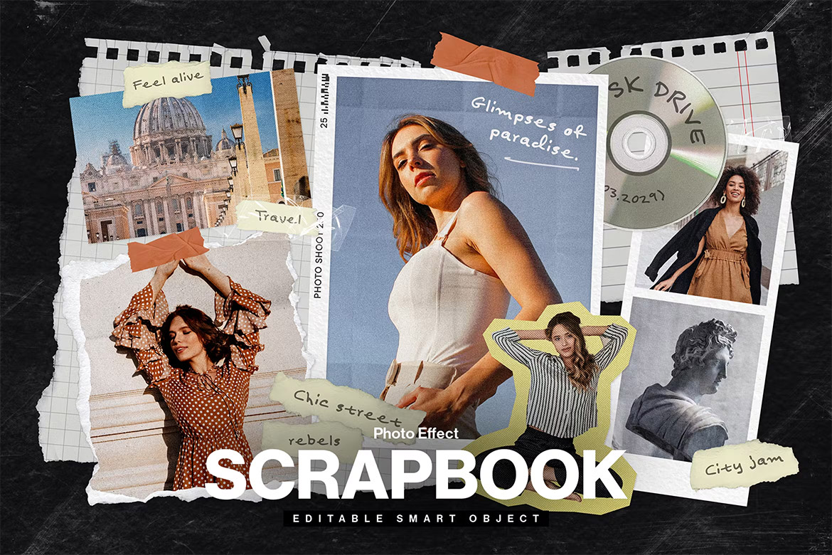 Photo Collage Scrapbook Mockup Template 复古撕纸照片相框拼贴剪贴簿情绪板旅游日记手账PSD特效样机