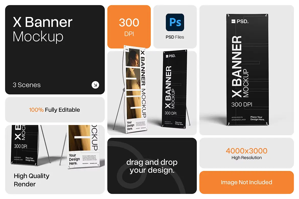 X Banner Mockup 3款极简广告牌展架立牌易拉宝横幅PSD样机