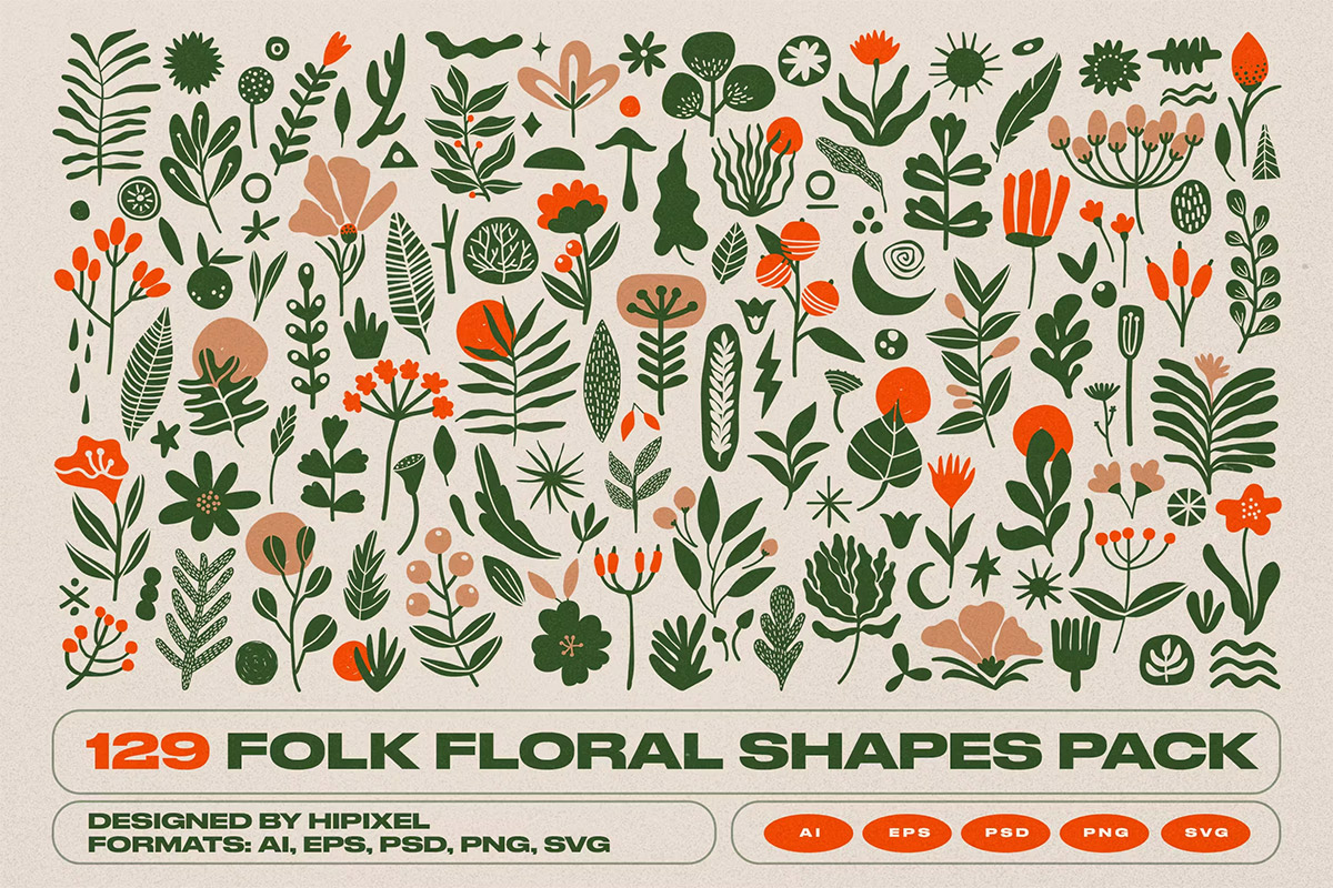 Folk Floral Shapes Pack 129抽象艺术花朵花卉植物绿植AI矢量插画插图图形设计套装