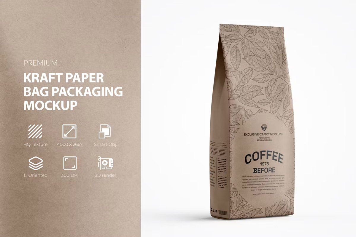 Kraft Coffee or Tea Bag Packaging Mockup 牛皮纸咖啡茶叶自立包装袋模型品牌logo标识设计贴图ps样机素材