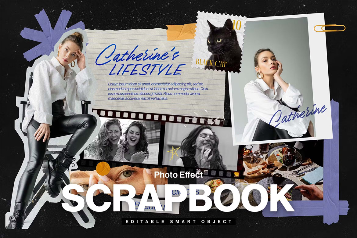 Scrapbook Mockup Template 复古拼贴簿艺术电影胶片手账宝格丽相框剪贴设计展示PSD样机