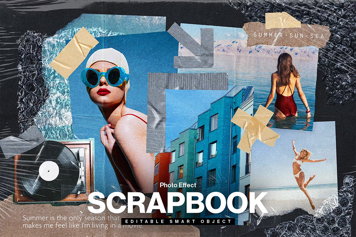 Scrapbook Photo Collage Template 复古撕纸胶带照片拼贴剪贴簿情绪板旅游日记手账混合媒体PSD特效样机