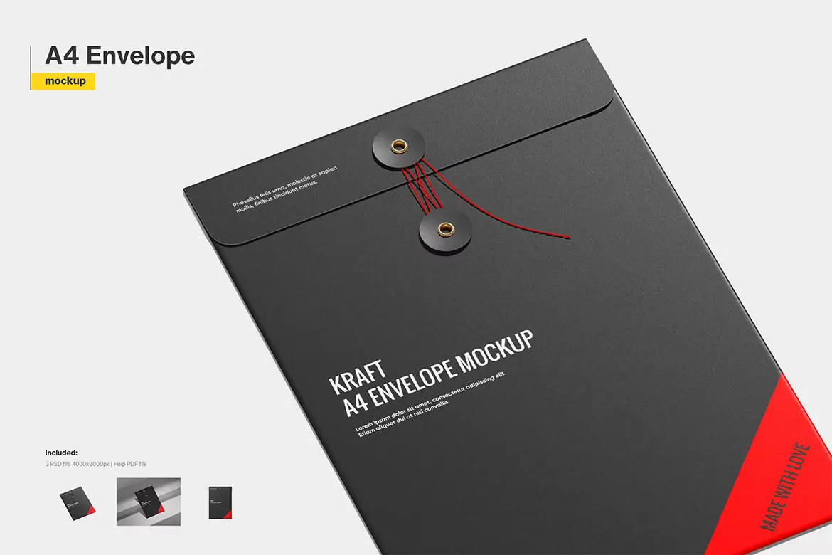 Paper A4 Envelope With String Closure Mockup 3款极简A4档案袋文件袋收纳袋纸袋信封PSD样机