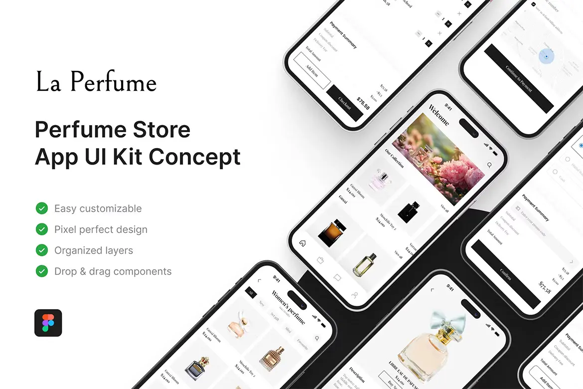 La Perfume – Perfume Store App UI Kit 香水专卖在线商城移动电商手机app用户界面设计明暗模板