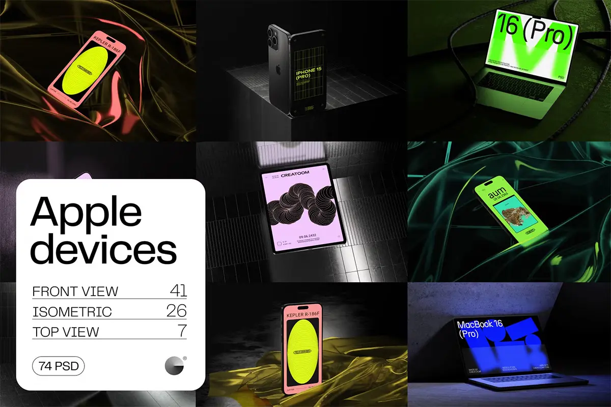 Apple device mockups 未来科幻工业iPhone手机iPad平板笔记本电脑ps样机素材展示效果图