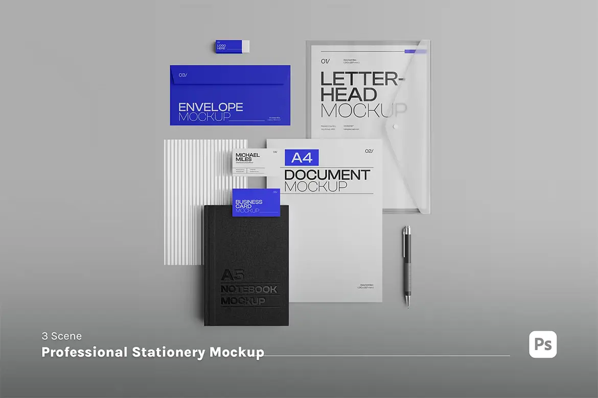 Stationery Mockup 极简企业品牌VI文创文具邀请函信封信纸名片档案夹PSD样机