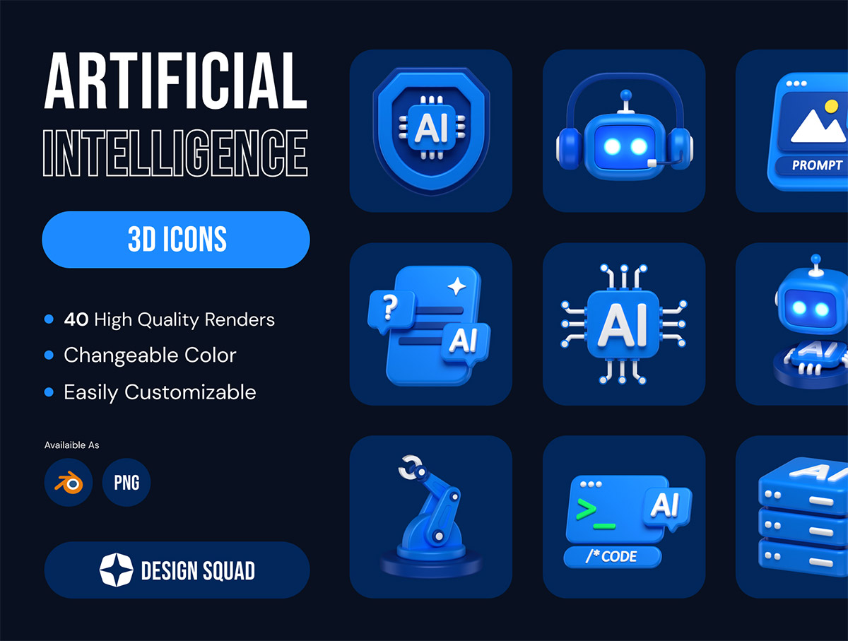 Artificial Intelligence 3D Icons Pack  40款Ai人工智能科技未来数据加密网络系统3D图标icon设计素材png免抠图片